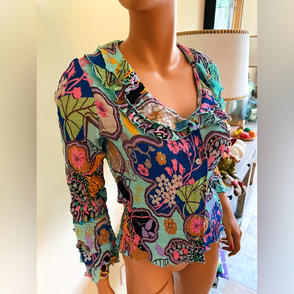 Alberto Makali Blue Printed Ruffle Button down Blouse Top M 8 10